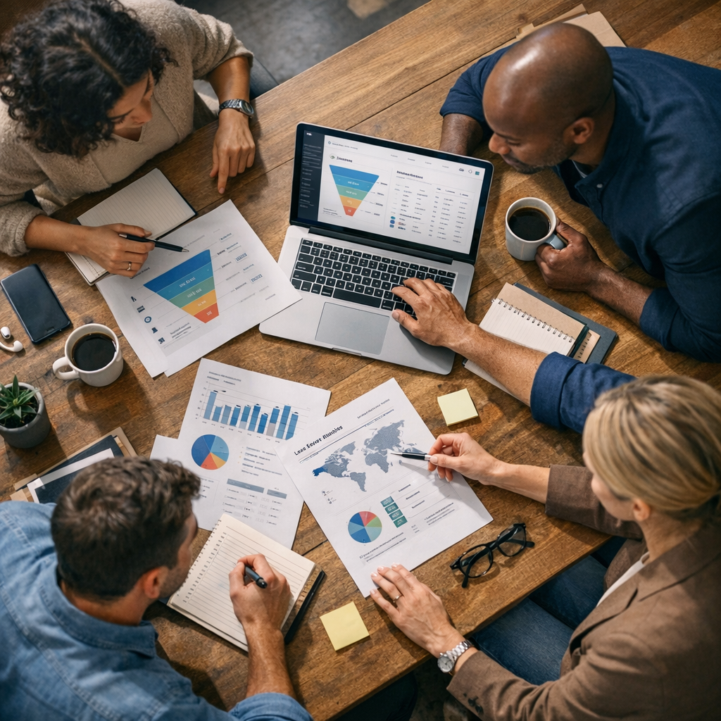 business team analyzing lead generation strategy using Apollo.io