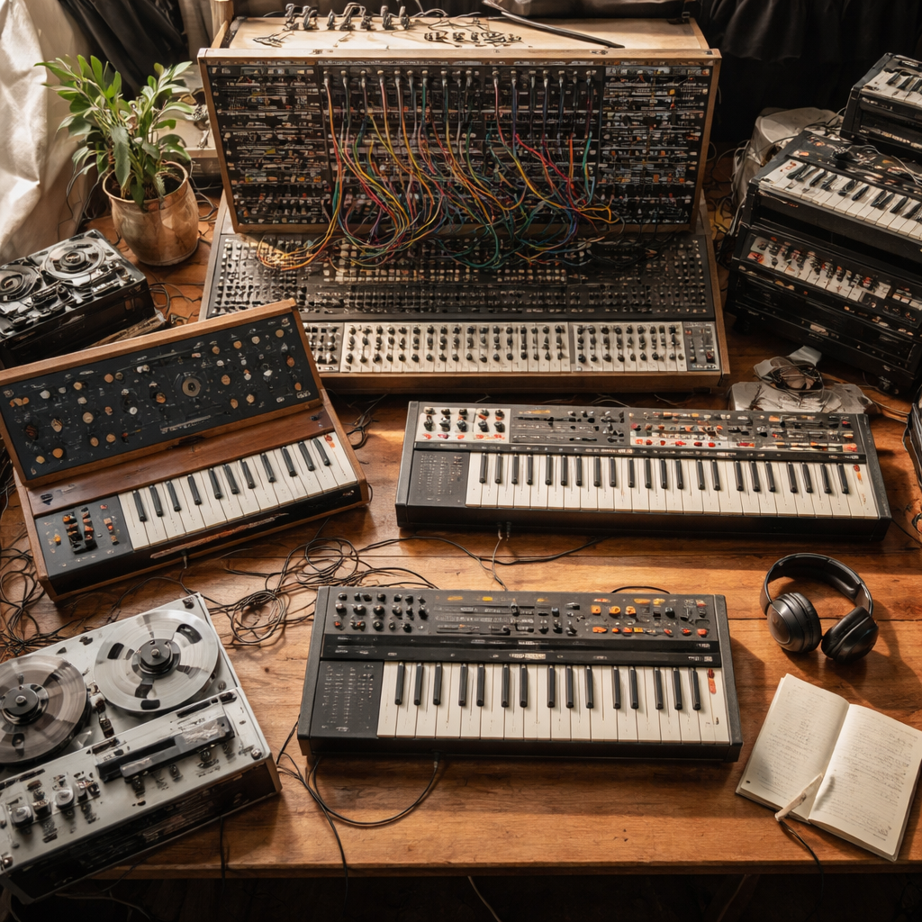a vintage synthesizer setup resembling Klaus Schulzes early music equipment