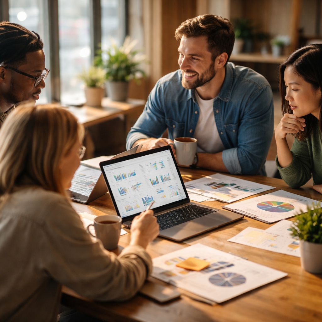 team analyzing data for growth marketing strategy